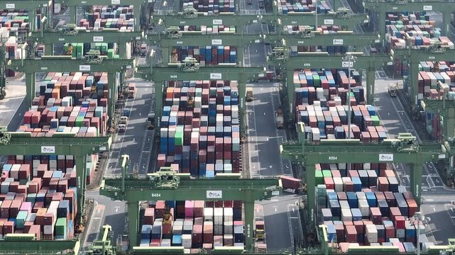 day time flight over famous singapore city port container terminal traffic bay aerial panorama 4k    