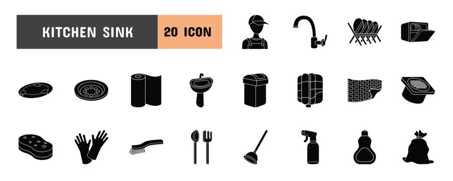 20 Kitchen Sink Glyph Icon Illustration Set