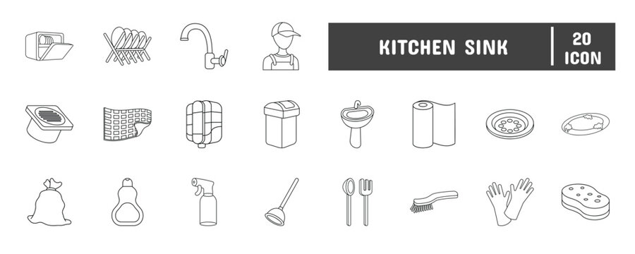 20 Kitchen Sink Line Icon Illustration Set