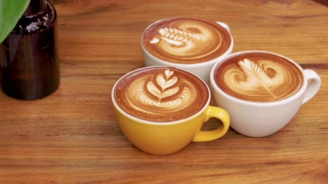 The three cups are placed on a natural brown wooden table, side by side with a vase of green plants on the left side, giving a fresh and aesthetic impression.