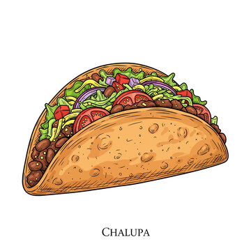 Vibrant and Delicious  Illustration of a Crispy Chalupa, Generously Filled with Fresh Vegetables and Savory Ingredients, Perfect for Highlighting Authentic Mexican Cuisine and Culinary Designs
