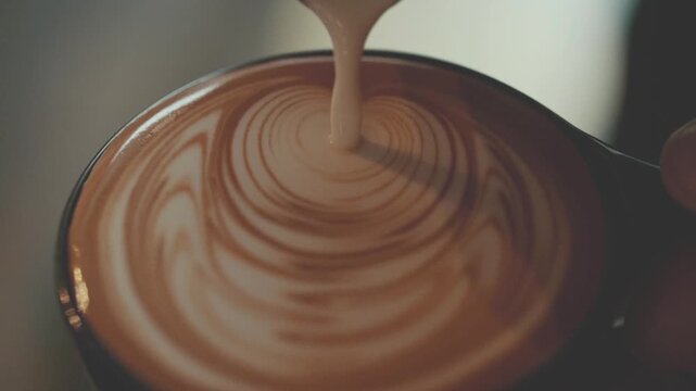 The skill of a barista in shaking the cup and flowing the milk to form a precise, symmetrical, and very aesthetic latte art pattern (a combination of rosettes and hearts).