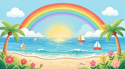 Obraz premium Vibrant Tropical Beach Scene Featuring a Colorful Rainbow Over the Ocean at Sunset