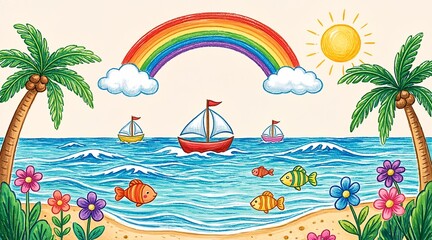Obraz premium Vibrant Tropical Ocean Scene with Sailing Boats and Rainbow