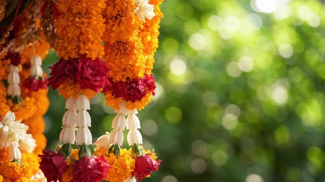 Vibrant floral garlands hanging in a lush green garden, captured in a bright close-up with soft bokeh.