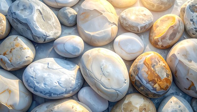 Smooth colorful rocks on beach shore.