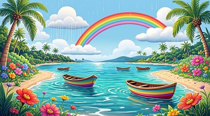 Fototapeta premium Vibrant Tropical Paradise Landscape with Rainbow and Colorful Boats on Calm Blue Waters