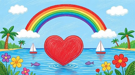 Fototapeta premium Vibrant Tropical Landscape Illustration Featuring a Large Red Heart and Rainbow Over a Sunny Ocean