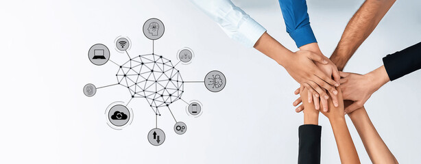 Obraz premium A vibrant illustration showcasing diverse hands joining in collaboration around a central brain network, symbolizing innovation and technology integration in teamwork. Trope