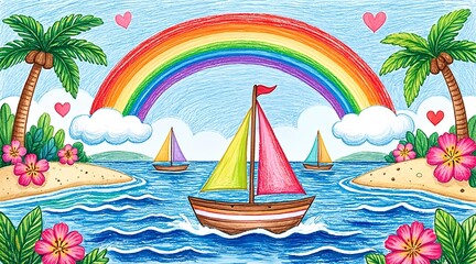Fototapeta premium Vibrant hand-drawn illustration of colorful sailboats cruising on blue ocean waves under a majestic rainbow arch, surrounded by tropical islands and palm trees