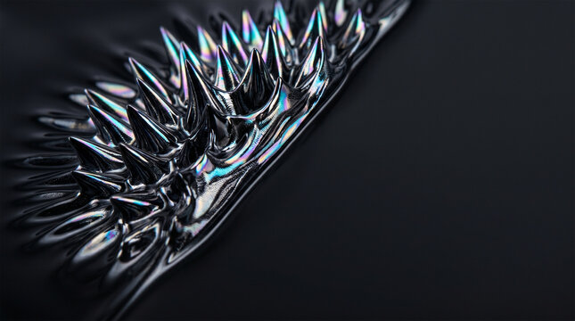 abstract ferrofluid spike pattern with iridescent metallic reflection on dark background