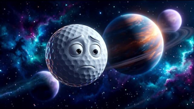Cartoon golf ball character drifting through deep space galaxy