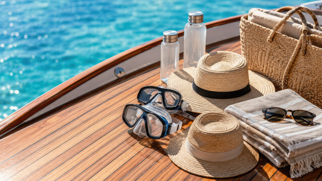 Luxury, family, beach, adventure accessories on wooden boat deck with hats, towels, water bottles and snorkeling gear by blue sea