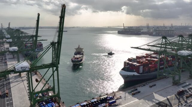 day time singapore city port terminal container ship loading traffic bay aerial panorama 4k    