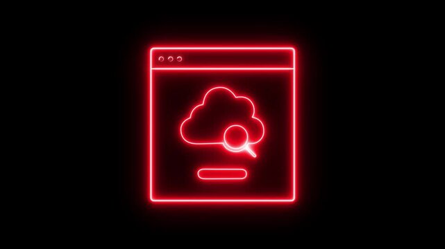 Glowing red cloud storage icon animation on black background. Neon cloud computing symbol representing online storage, backup and digital technology.