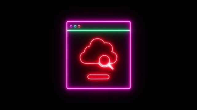 Glowing pink and red cloud storage icon animation on black background. Modern neon cloud computing concept for data transfer, backup and online storage.
