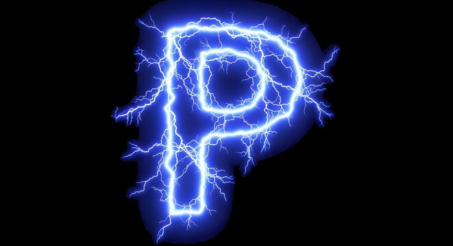 Electric letter p formed by glowing blue lightning on black
