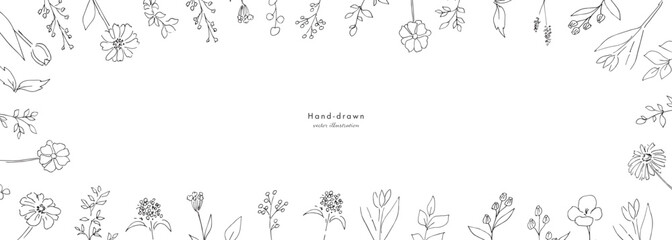 Obraz premium 線画。植物の線画イラスト。モノクロの植物イラストセット。線画で描いた花々。Line drawings. Line art illustrations of plants. A set of monochrome plant illustrations. Flowers drawn in line art.