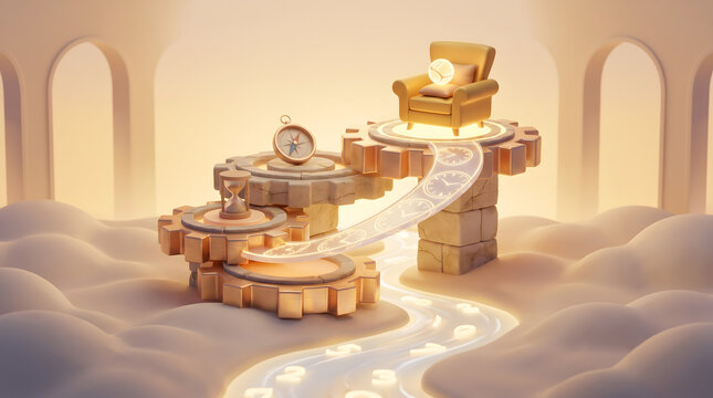 Comfortable retirement planning and financial freedom concept with 3D golden armchair on top of gear mechanism road over clouds with hourglass and compass