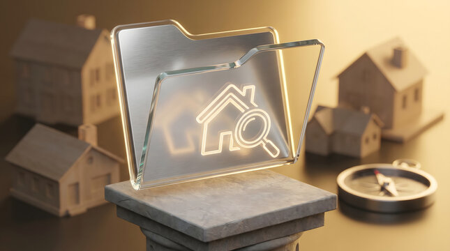 Real estate property search and proptech data management concept with 3D glass file folder showing house and magnifying glass icon on pedestal