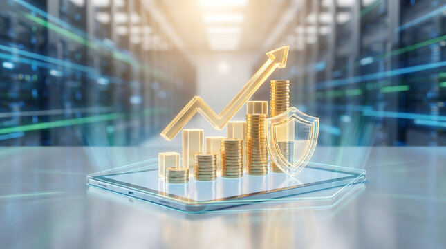 Fintech data center asset growth and protection concept with 3D illustration of rising golden arrow over coins stack and shield on futuristic digital panel