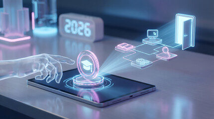 Fototapeta premium Futuristic online education and 2026 edtech concept with 3D illustration of cyber hand touching tablet showing glowing graduation cap and career path node connected to open door