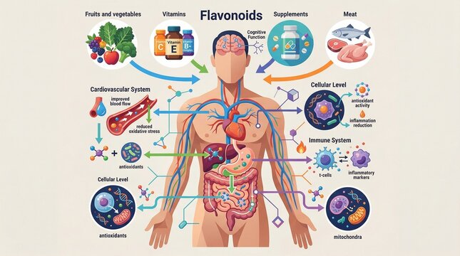 Biological Infographic Diagram Showing The Multi-System Health Benefits Of Dietary Flavonoids On Human Anatomy And Cellular Functions