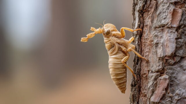 Cicada emergence from nymphal shell attached to rough tree bark, capturing a moment of transformation in nature.