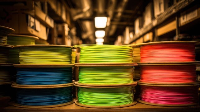 Vibrant, stacked industrial spools of colorful electrical cable coiled neatly in a warehouse setting