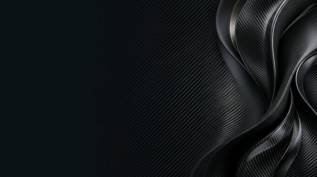 Abstract dark carbon fiber texture with smooth flowing waves and glossy curves for tech backdrop and luxury presentation