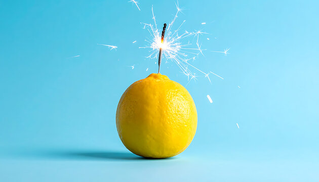 A whole lemon with a sparkler lit on top, emitting a burst of bright sparks against a soft blue background, symbolizing explosive freshness or a zesty surprise.