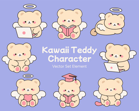 Cute Angel Bear Collection with Kawaii Teddy Character and Reading Book Cartoon Vector Set