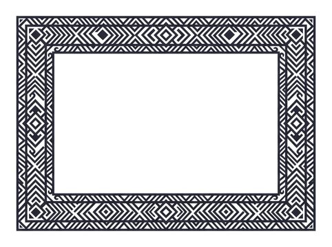 Black and white berber geometric decorative border frame with ethnic tribal patterns for cultural stationery and invitation designs