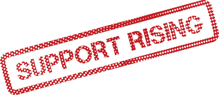 Red dotted stamp text SUPPORT RISING signifies growing assistance and increasing community development efforts