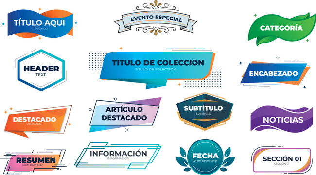 Set de banners, cintas y etiquetas geom&eacute;tricas modernas para dise&ntilde;o web, encabezados y promociones, para titulos y encabezados vectores letreros geometricos