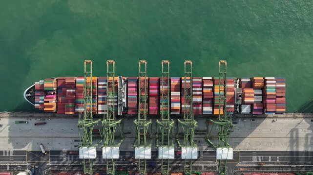 sunny day singapore city port terminal container ship loading process bay aerial topdown panorama 4k    