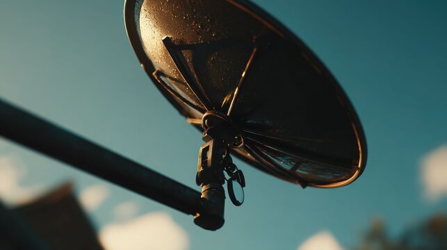 Close-up of a weathered satellite dish antenna against a cloudy sky, capturing its intricate details and weathered surface.