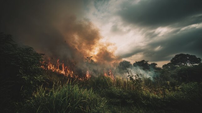 Wildfire engulfs dense vegetation with intense flames and billowing smoke against a dramatic cloudy sky