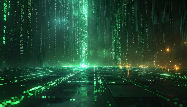 Abstract digital rain falling in dark room with glowing green code streams, technology concept
