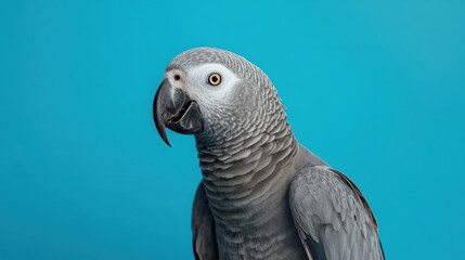 Obraz premium African grey parrot portrait on bright cyan background, detailed feathers and curious expression