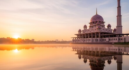 Obraz premium Majestic pink domed structure with a tall slender tower reflected in calm water during a vibrant sunrise casting golden light across the serene landscape and illuminating the early morning mist