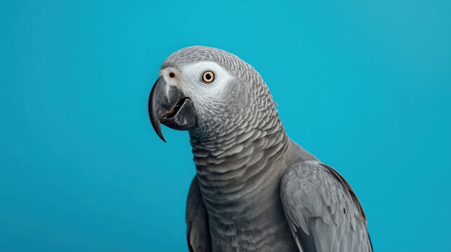 African grey parrot portrait on bright cyan background, detailed feathers and curious expression