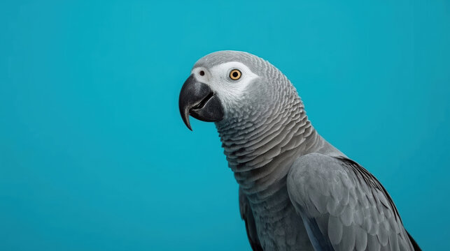African grey parrot on cyan background, vivid portrait with curious expression
