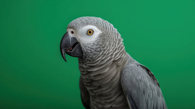 African grey parrot on vibrant green background, detailed feathers and alert expression