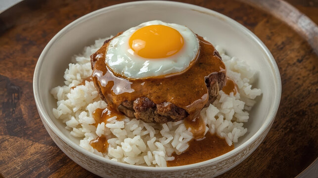 Loco moco bowl with hamburger patty, gravy, fried egg and white rice, warm comfort food