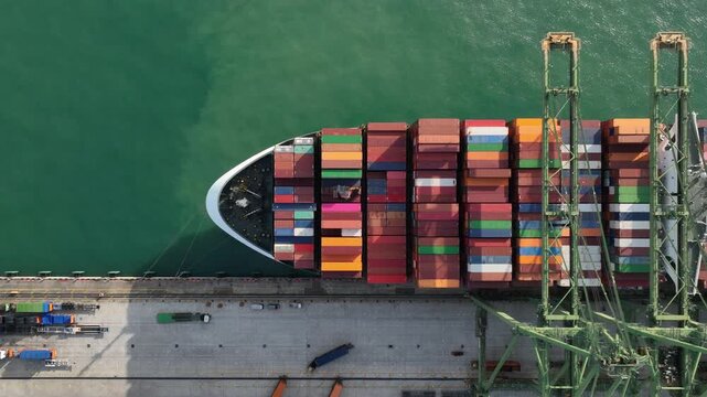 day time singapore city port terminal container ship loading bay traffic aerial topdown panorama 4k    