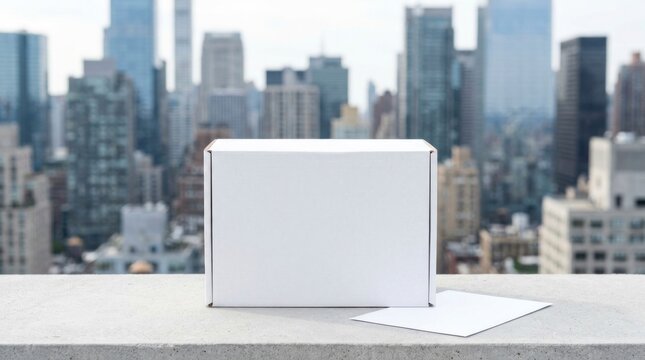 Blank white cardboard box and shipping label on urban ledge for ecommerce packaging, delivery logistics, shipping mockups