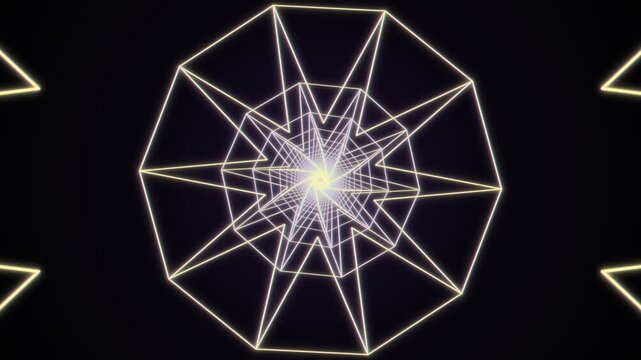 Abstract neon wireframe tunnel with geometric star patterns