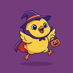 Fototapeta premium Cute little chick wearing a witch costume for Halloween.