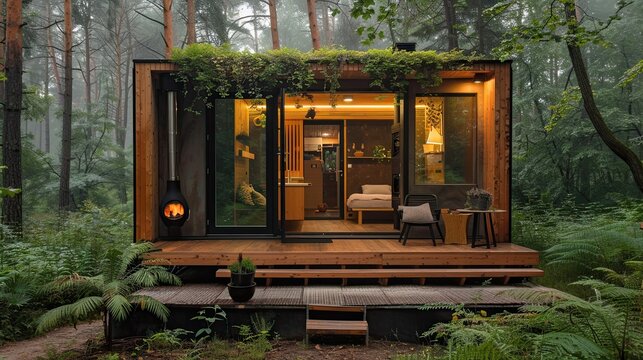 Modern modular eco cabin nestled in fog-shrouded temperate coniferous forest, with green roof covered in natural vegetation, full-height glass facade spilling warm light, outdoor wooden terrace